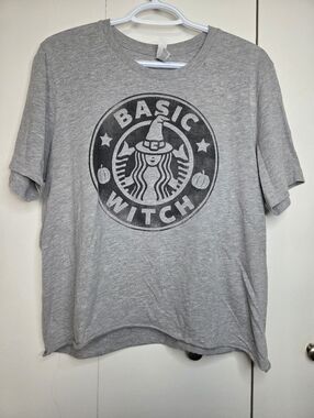 🌷"Basic Witch" Women's L Bella Canvas Gray Tee Halloween Starbucks Style